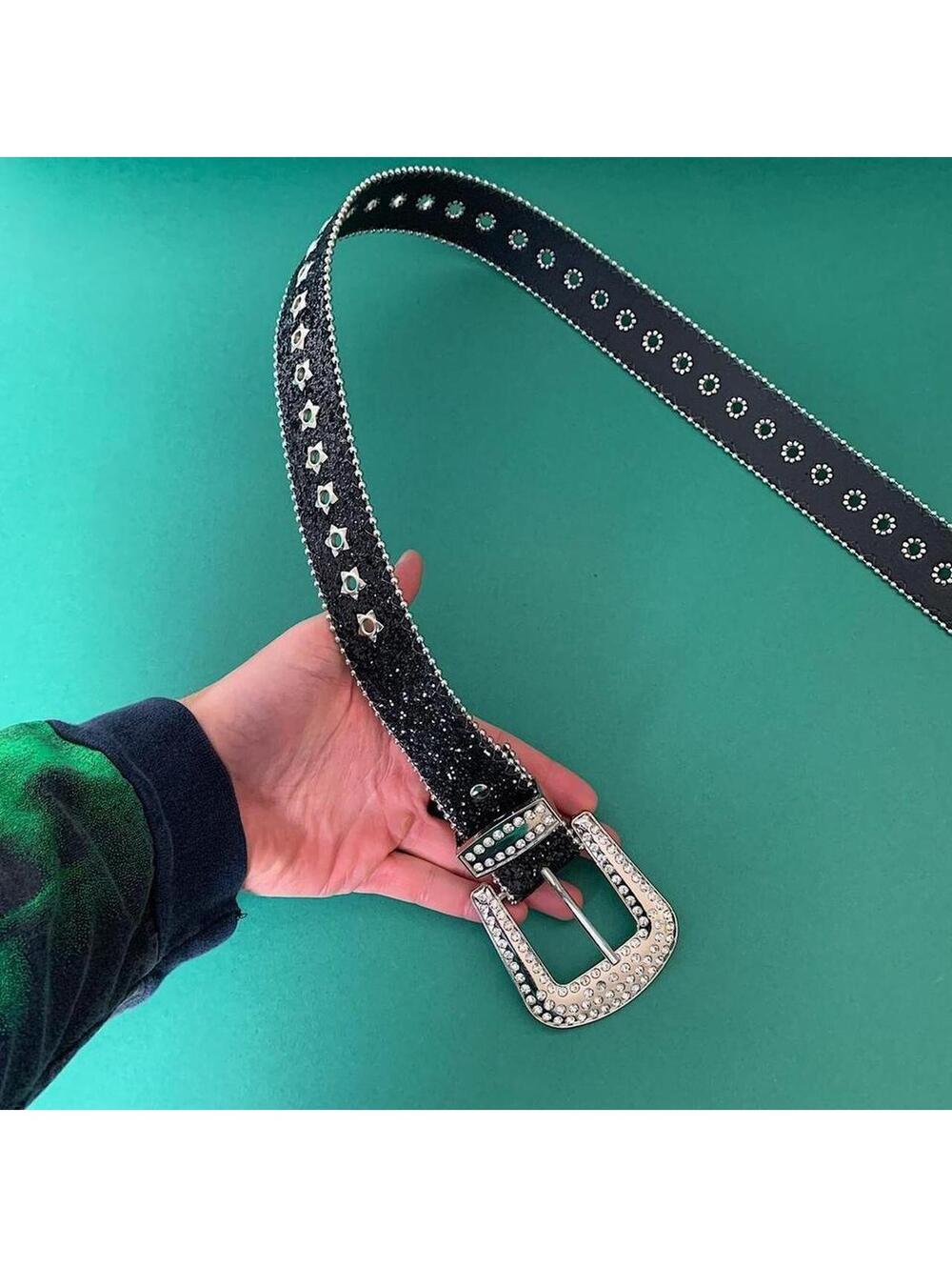 Y2K Black Silver Punk Studded Rhinestone Belt - Picture 4 of 8